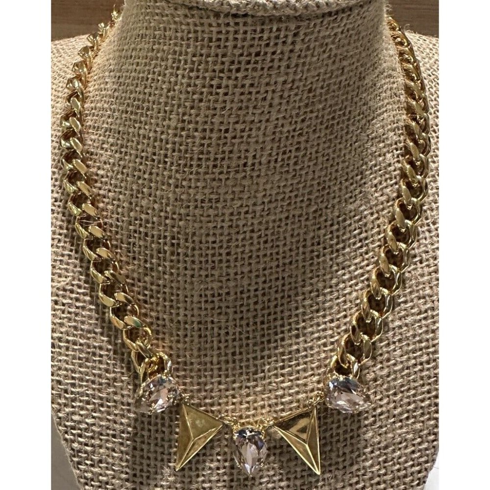 17” Gold Tone Flag  Thick Chain Necklace Pink Rhinestones  TOMTOM Statement